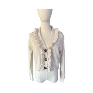 Elie Tahari Cream Ruffle Knit Cardigan Sweater Size M Medium Button Front Crop